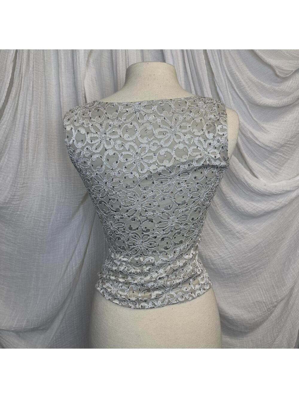 Y2K Petite Silver Floral Lace Gemmed Sleeveless Top - Picture 5 of 6
